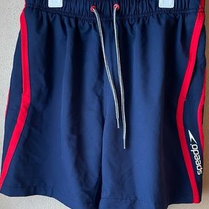SPEEDO Mens Swim Trunks Sz S Red Blue Pocket  Drawstring Mesh Elastic Waist NWOT